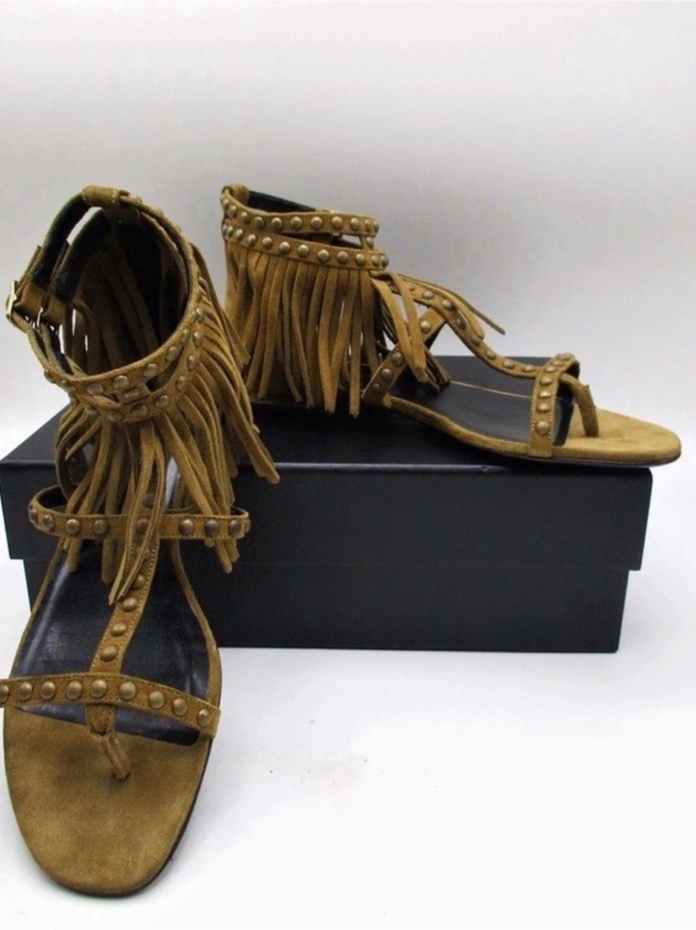 Saint Laurent Studded Leather Fringe Sandal Brown